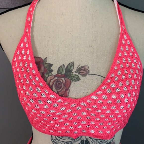 Fuchsia Pink Crochet Two Pc Tie Halter Top And Skirt Coverup Set - Picture 11 of 14